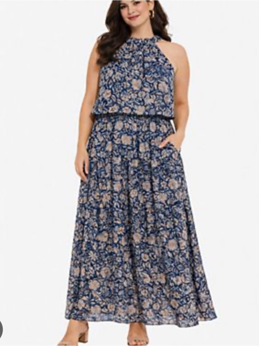 R&M Richards Navy and Beige Floral Halter Maxi Dress